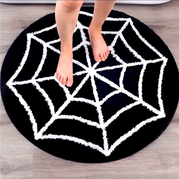 ONLY 1 LEFT! 🕸️ Thick Non-Slip Spider Web Bath Mat Halloween Fluffy Circle Rug - Picture 1 of 7